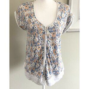 Poetry Shirt Blouse Linen Short Sleeve Gray Blue Peach Floral Small S